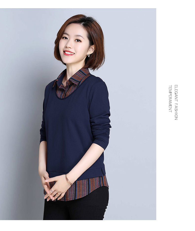 洋湖轩榭 妈妈棉t恤女长袖春秋2019新款大码宽松假两件上衣打底衫a