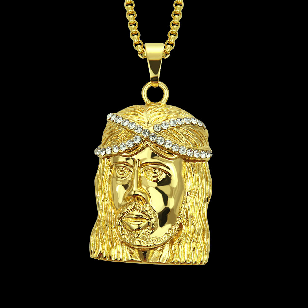 耶稣头像嘻哈吊坠项链 时尚男士金色耶稣头像吊坠项链
