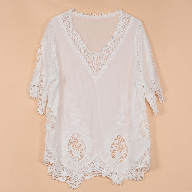 日系钩花镂空蕾丝拼接棉麻罩衫v领女上衣宽松t恤