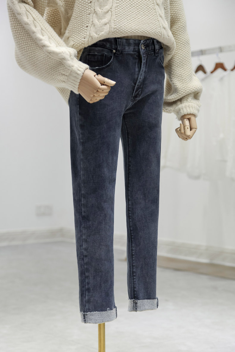 抓绒黑色牛仔裤女装秋冬2018韩版修身高腰小脚裤