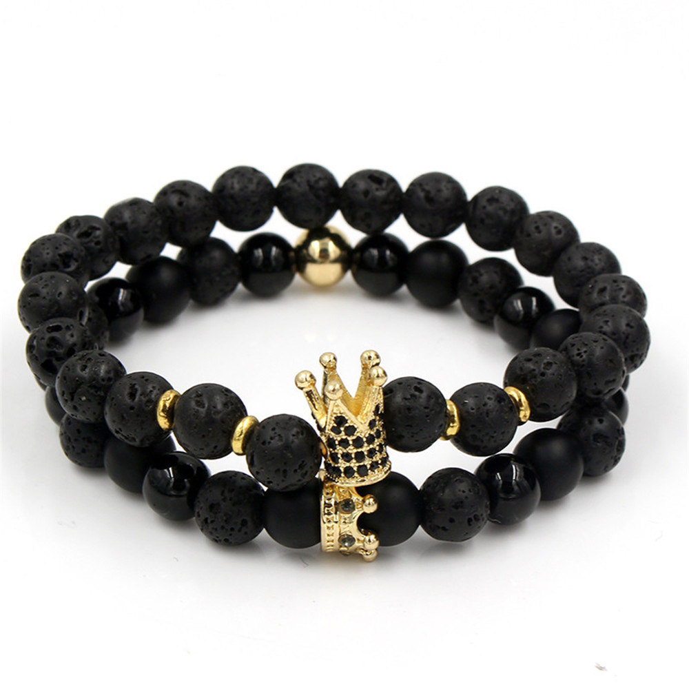 wish新款爆卖 火山石黑金刚石微镶锆石皇冠手串弹力手环手链