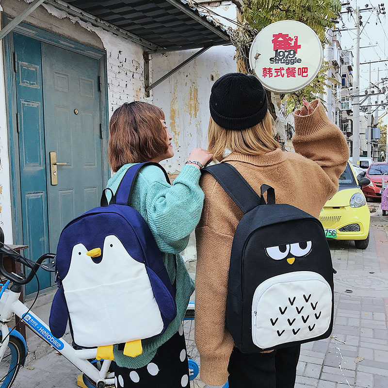 Japanese Teenage Leisure Cartoon Funny Penguin Owl Canvas Backpack Cute Personality Girlfriends Backpack Schoolbag