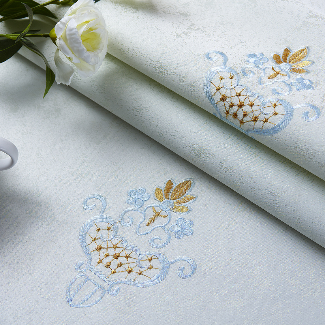 美式田园墙布 刺绣绣花高档无缝墙布 典雅花型温馨卧室客厅壁布