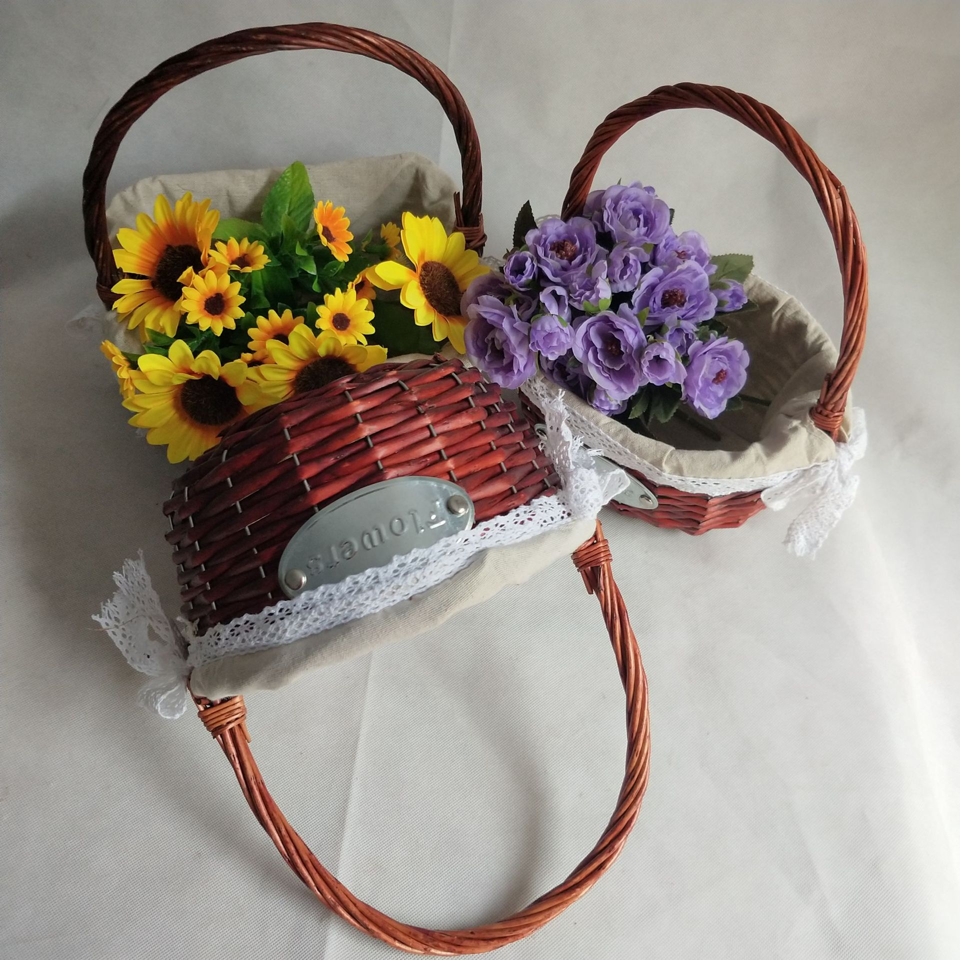 产地货源柳编手提花篮酒店家庭装饰插花蓝编织篮酒红色柳编花篮