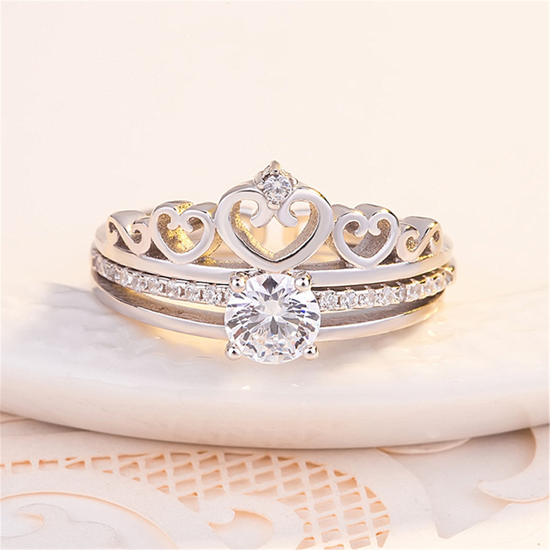 抖音皇冠戒指套戒s925日韩个性套装皇冠银戒指二合一组合公主指环