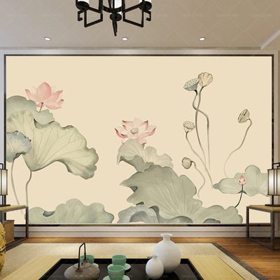 新中式高清手绘工笔荷花客厅电视背景墙定制壁画荷叶墙纸壁纸墙布