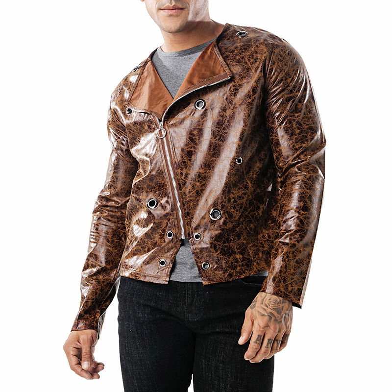 欧美男式秋冬款暗纹皮料斜拉链铁环装饰皮衣时尚短款男式夹克 j23