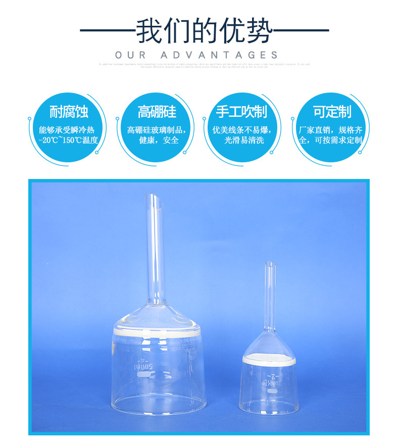批发高硼硅玻璃砂芯漏斗 耐酸玻璃过滤漏斗 定制化学实验室器材