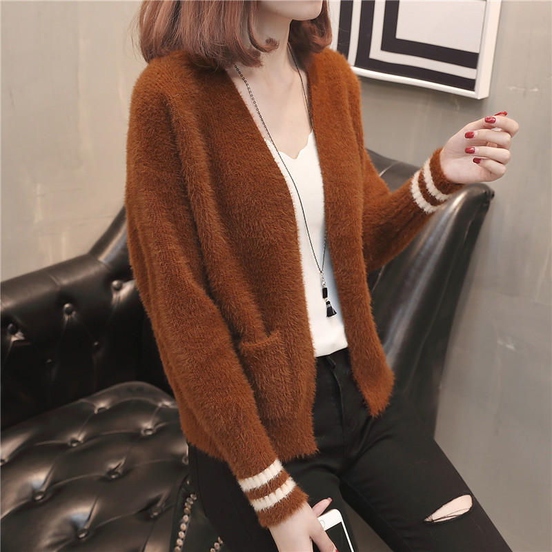 春秋女装毛毛针织开衫修身条纹袖子开衫毛衣外套w-803942