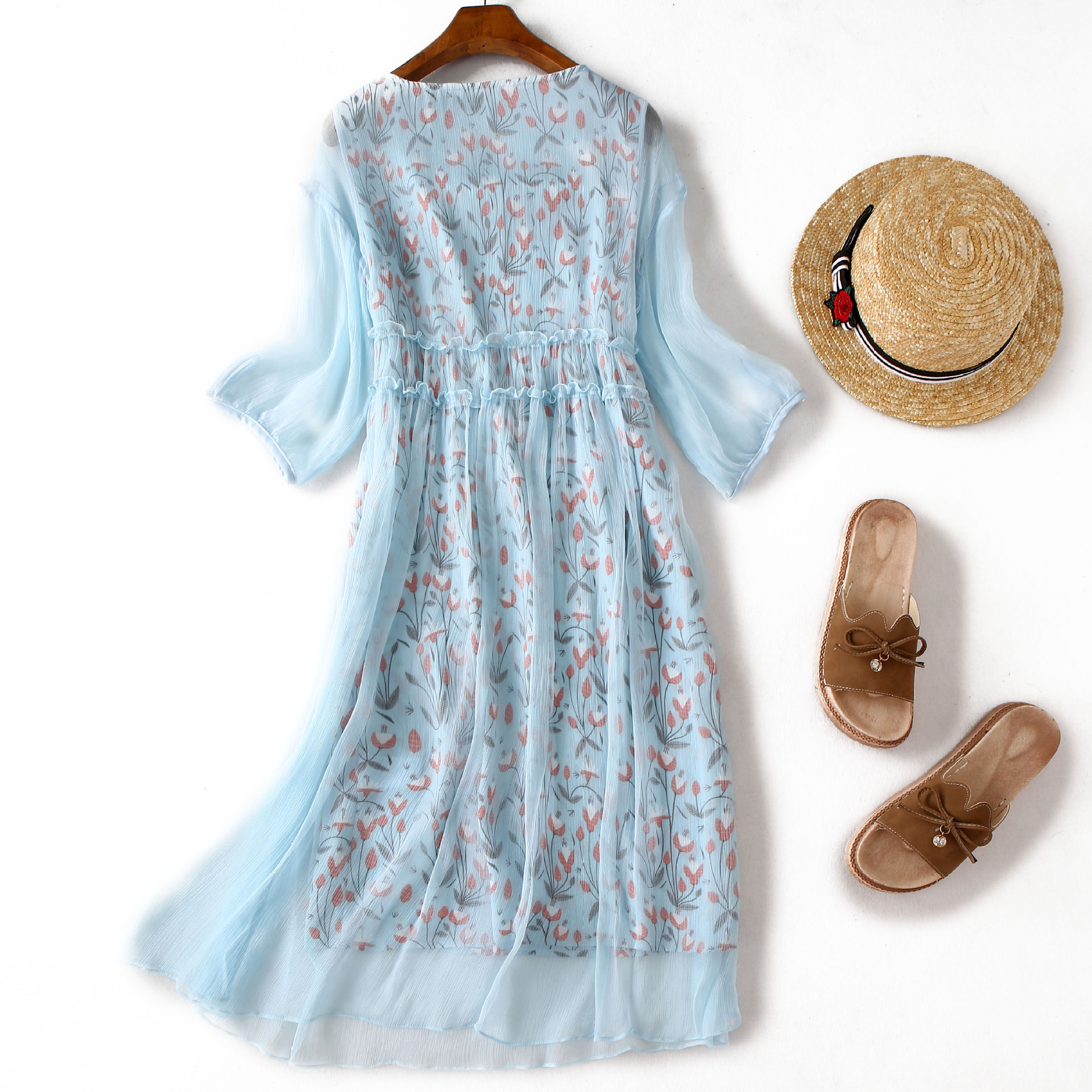 100%桑蚕丝早秋必备2018真丝新品荷叶边百褶a字摆圆领轻熟连衣裙