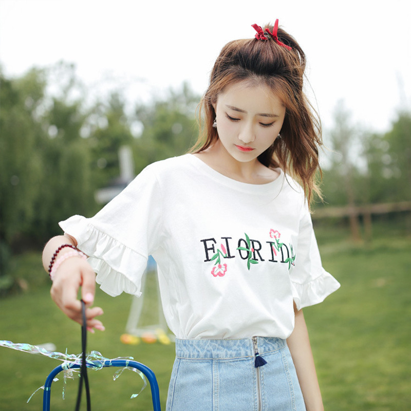 Embroidered 2023 Summer New Korean Style Women's Clothes Flared Sleeves Short-Sleeved T-shirt Women's Student Shirt Trendy One Piece Dropshipping