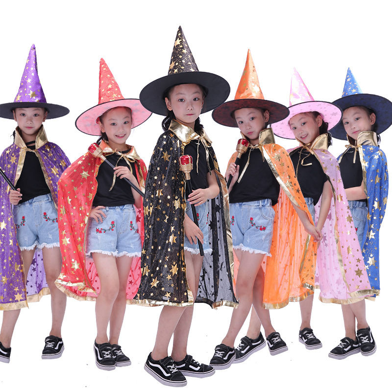 万圣节披风斗篷儿童表演演出魔法师巫婆烫金五星披风斗篷帽子套装