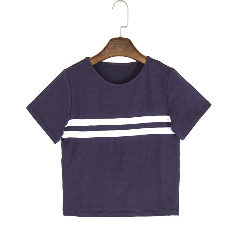 弹力棉圆领贴条套头短款女上衣