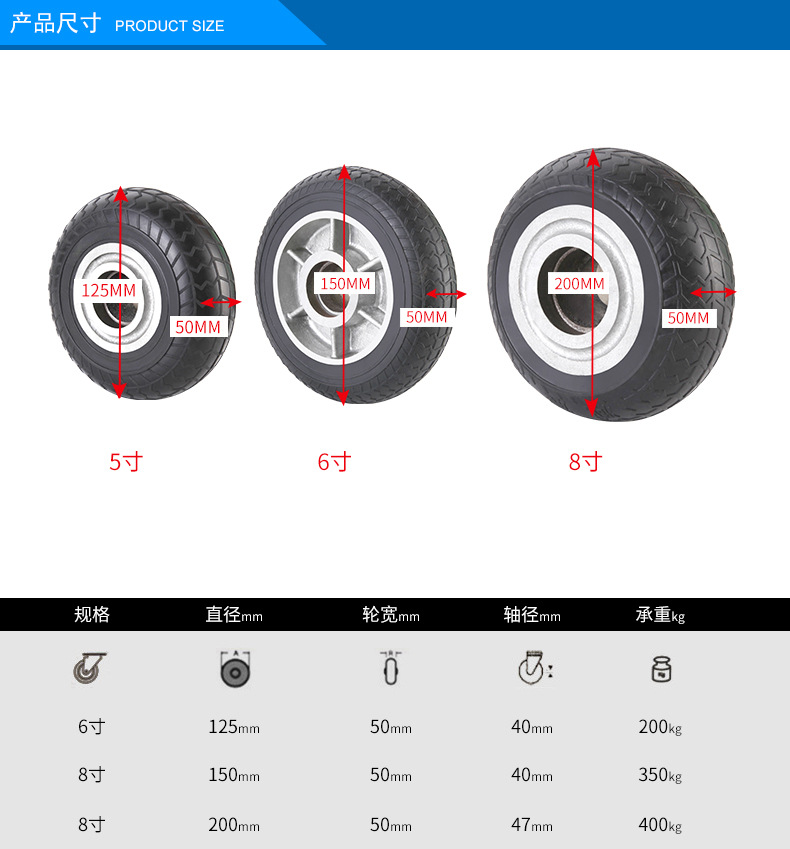 厂家直销 脚轮手推车工业轮 重型双轴铁芯减震弹力橡胶轮