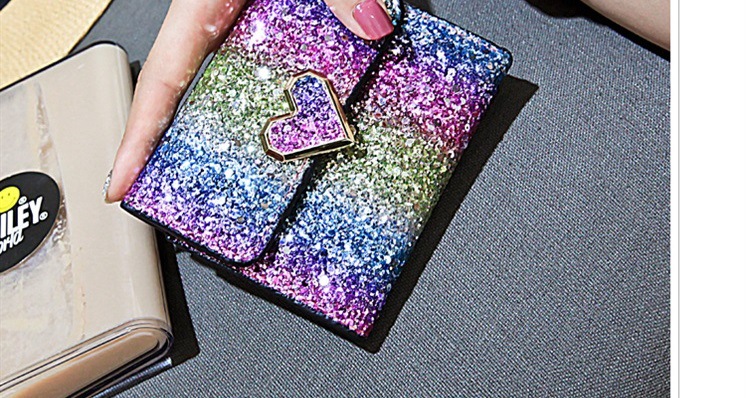 批发2018亮片钱包女短款 炫彩卡包手拿包零 二折多卡位女士零钱夹