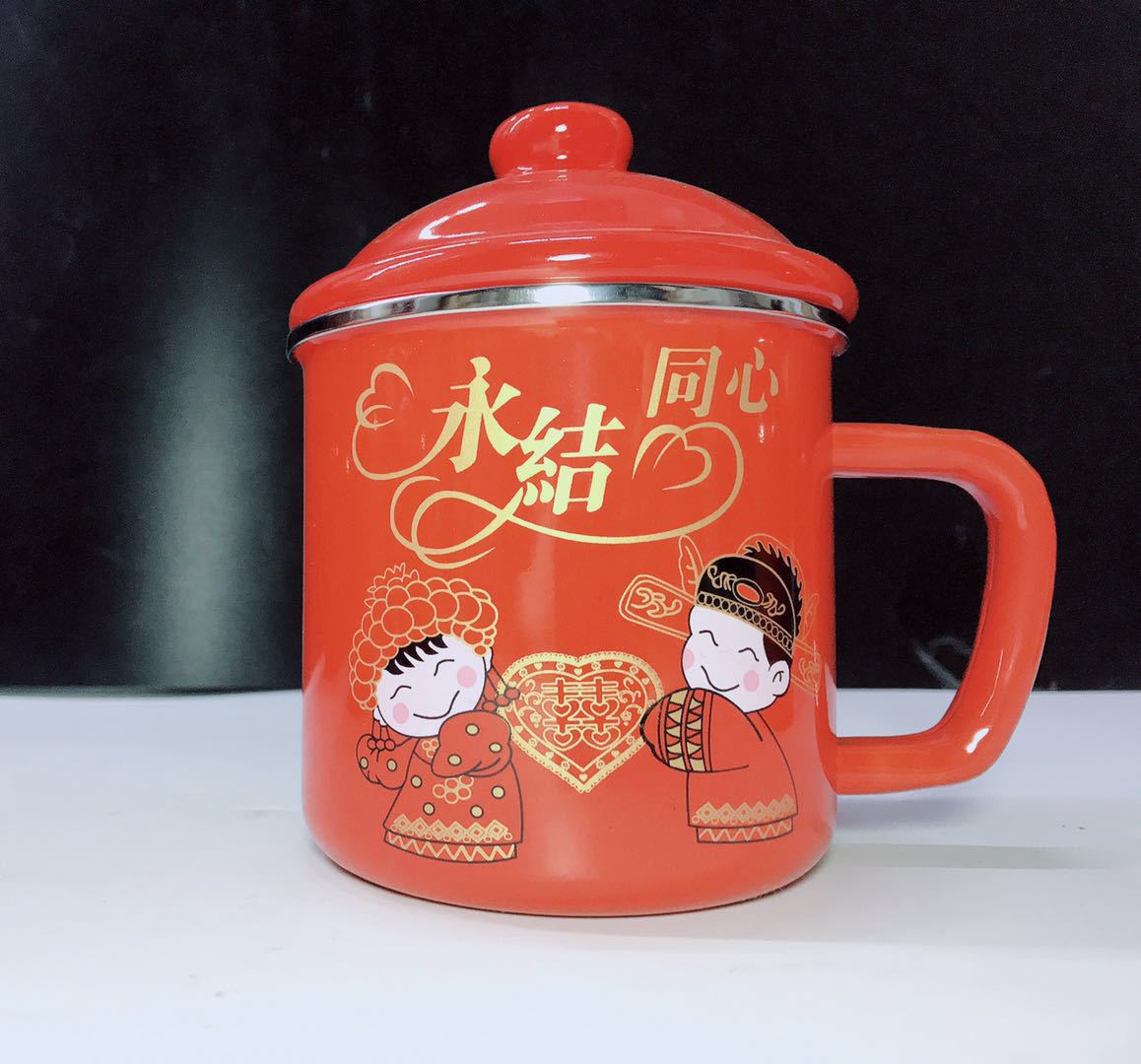搪瓷包边喜庆大红盖杯喜结良缘搪瓷双喜杯 喜庆礼品搪瓷杯婚庆用
