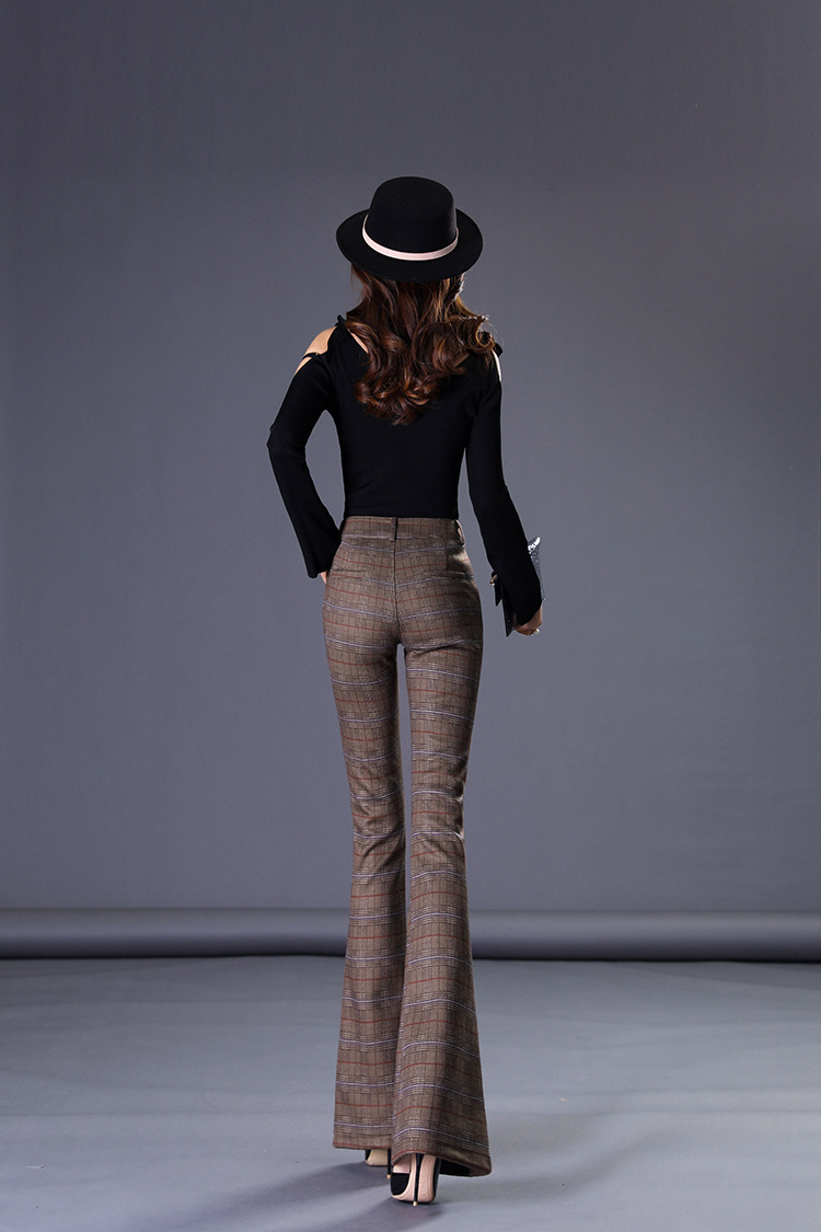 春夏季格子喇叭裤条纹 微喇叭裤女裤长裤女士微喇裤高腰一件代发