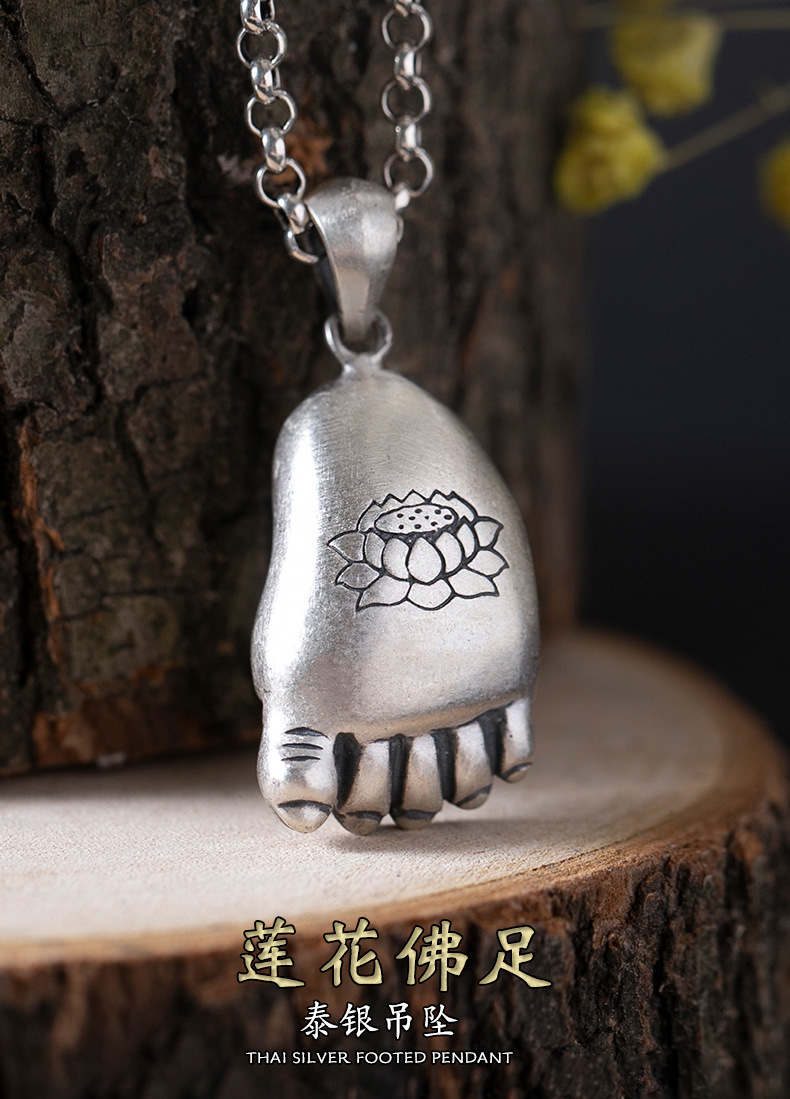 知足常乐s925银项链女复古磨砂小脚丫吊坠泰银莲花佛脚挂坠民族风