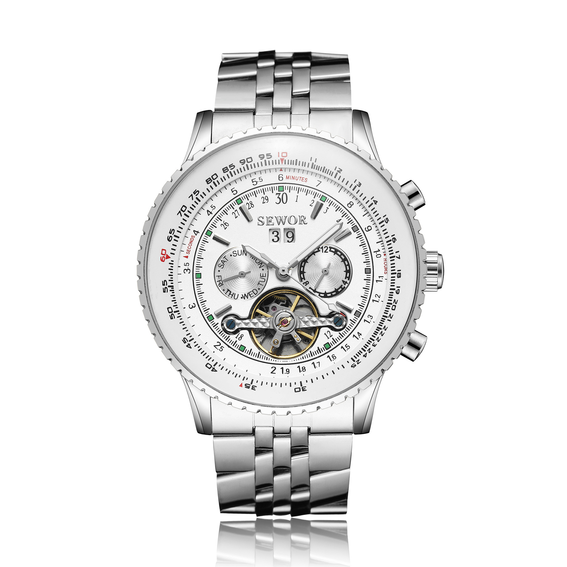 外贸爆款sewor 时尚商务三眼钢带自动机械男款手表