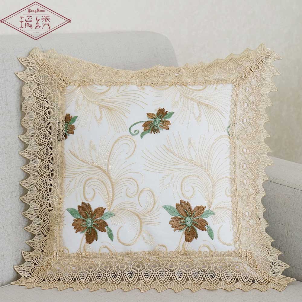 琅绣蕾丝叶子绣花沙发靠枕套布艺 定制田园风格正方形网纱抱枕套
