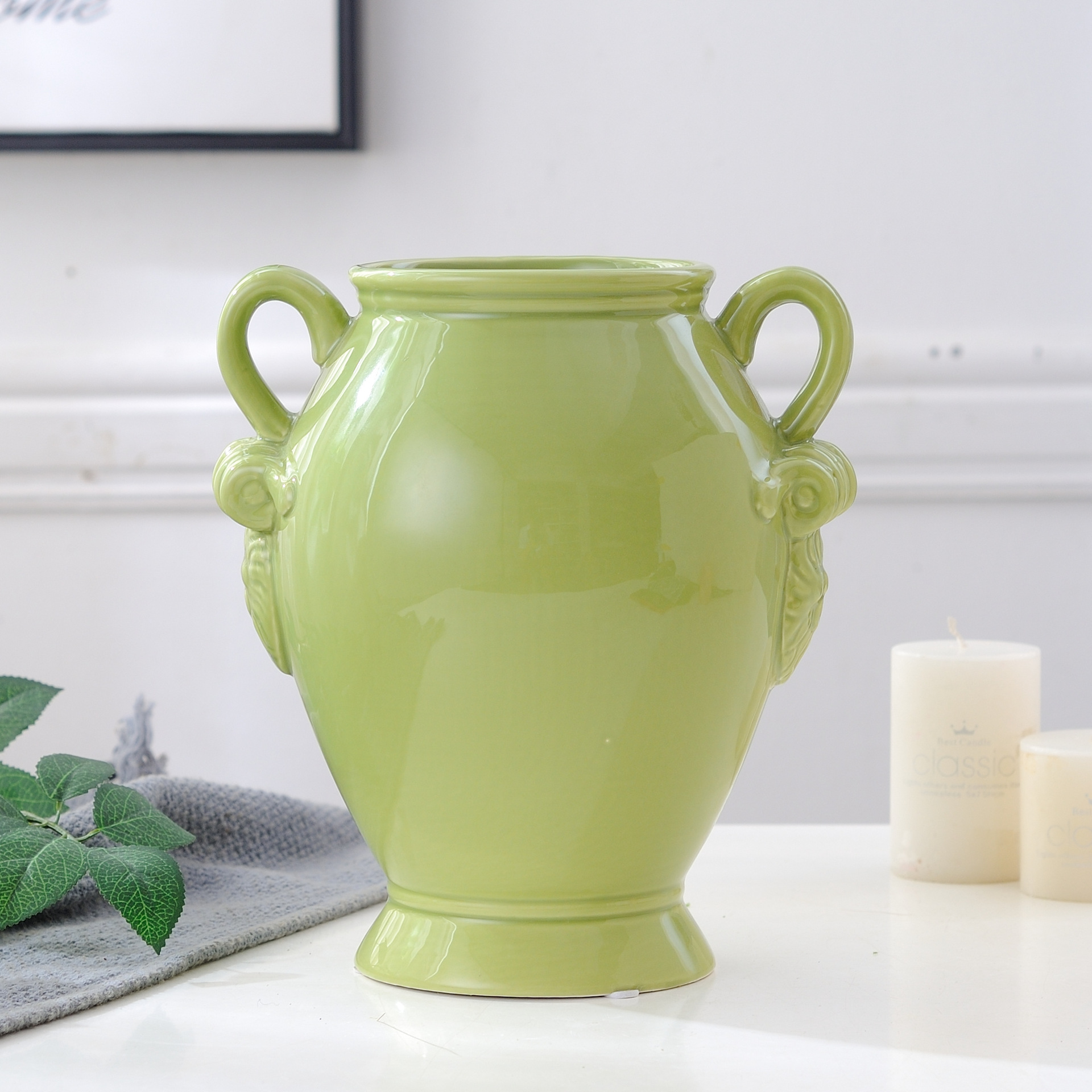 批发供应美式乡村绿色双耳罐陶瓷花瓶器插盆家居装饰摆件
