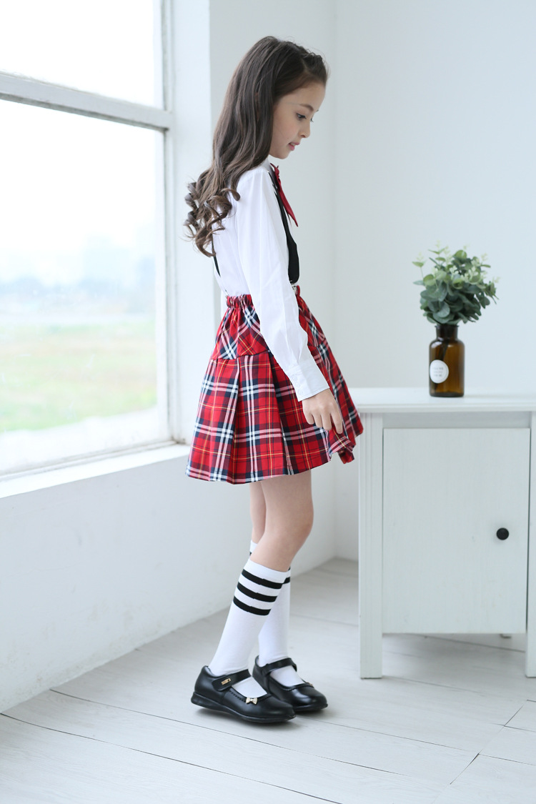 女童新款红色蓝色格子半身裙百褶校服短裙中小学生英伦学院风裙子