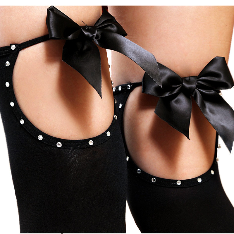 性感大蝴蝶结情趣丝袜内衣莱茵石水钻长筒袜女式过膝蕾丝大腿袜