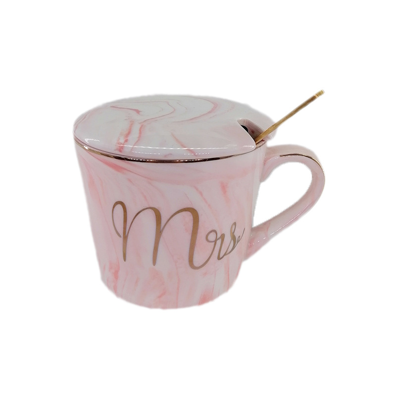 Gift Box Ins Internet Hot Girlish Creative Marble Pattern Breakfast Cup Ceramic Mug with Cover with Spoon Water Cup