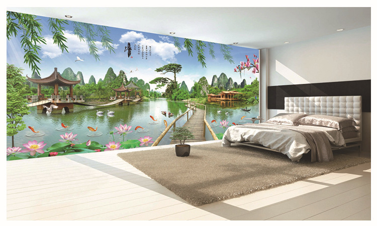 桂林山水风景画壁纸竹子荷花电视背景墙中式3d客厅沙发无缝墙壁画