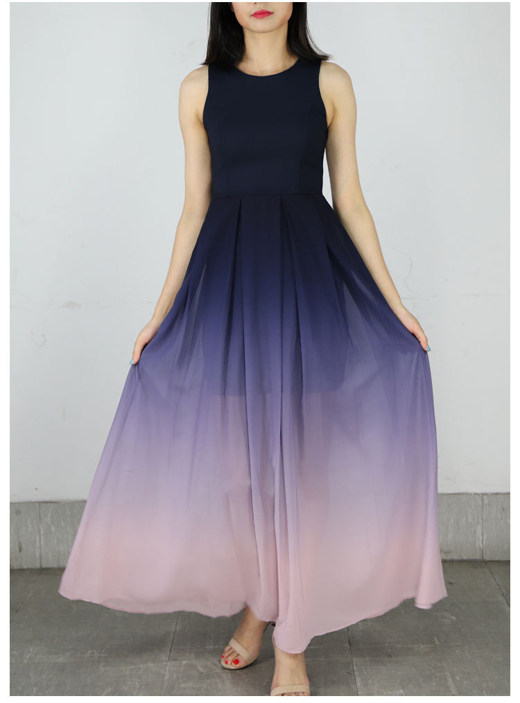 tansshop渐变色春夏连衣裙跨境女装无袖圆领拖地长裙气质礼服裙子