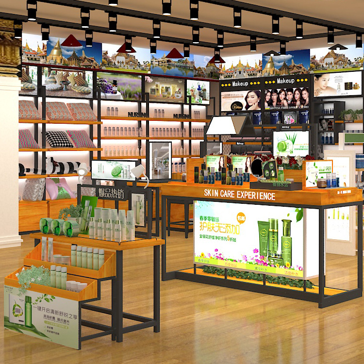 设计泰国化妆品展柜货架木质化妆品背柜相宜本草护肤品中岛柜货架