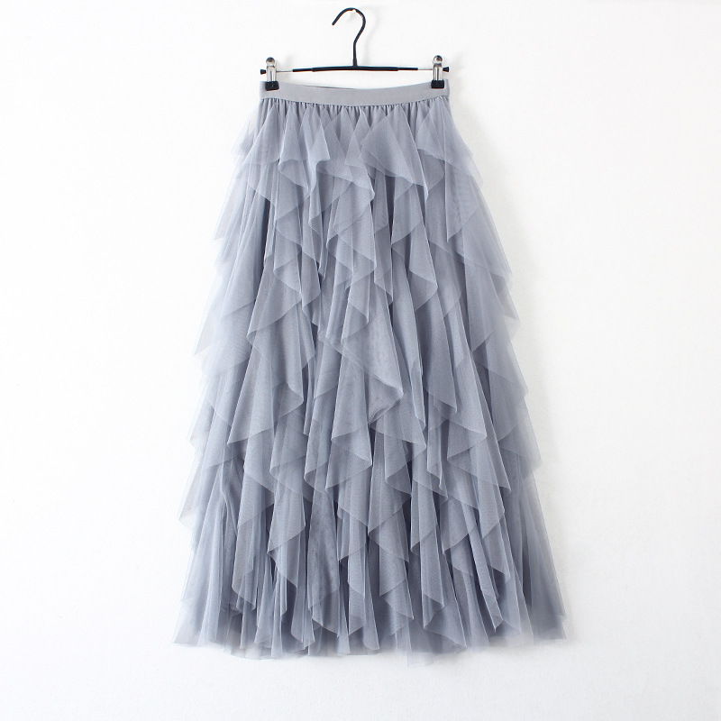 Spring 2023 Korean Style Elastic Waistband Fashionable All-Match Slimming Mesh Stitching Irregular Mid-Length High Waist Skirt