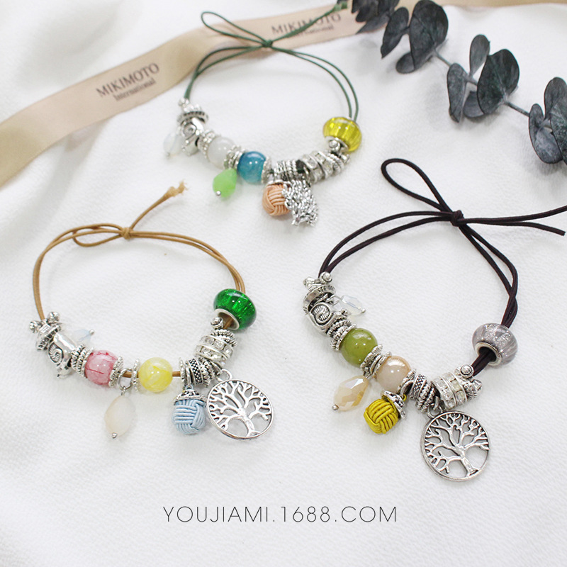 韩国头绳发圈复古手链式森女系串珠发绳小清新手工打结皮套发饰品