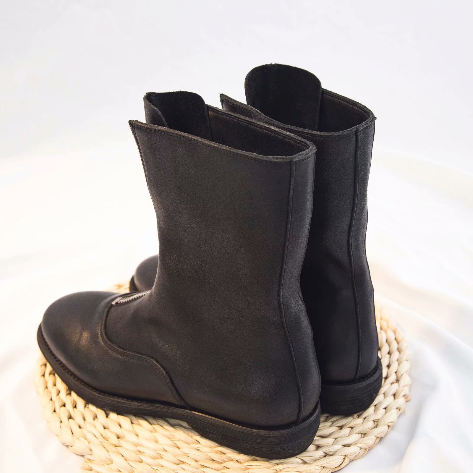 倒靴310系列后拉链头层牛皮暗黑系列手工短靴