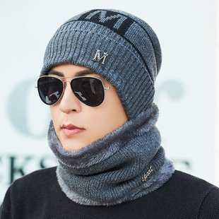 男羊毛帽子冬天韩版字母毛线帽针织套头帽加绒保暖护耳骑车包头帽