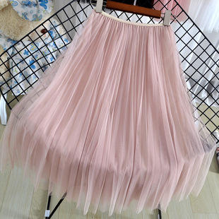 沙裙中长款半身裙2019春夏新款高腰仙女百褶网纱裙a字大摆中裙女