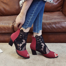 跨境货源亚马逊ebay爆款大码网纱高跟鞋 粗跟高跟蕾丝鱼嘴女鞋
