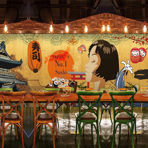 日本寿司料理店装修壁纸日式和招财猫壁画美食韩式餐厅背景墙纸