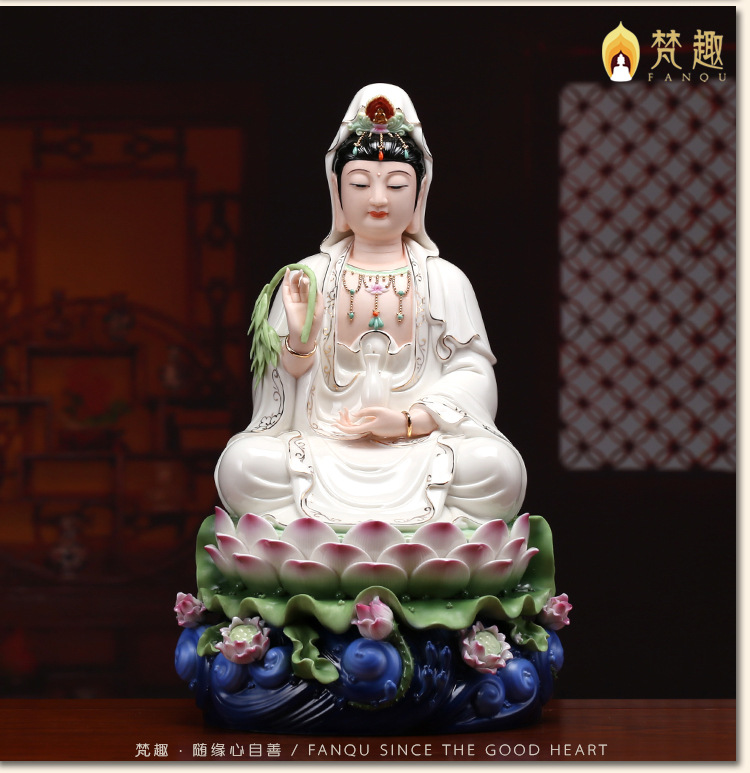 梵趣 坐莲观世音菩萨佛像 德化白瓷彩绘镇宅供奉 五莲