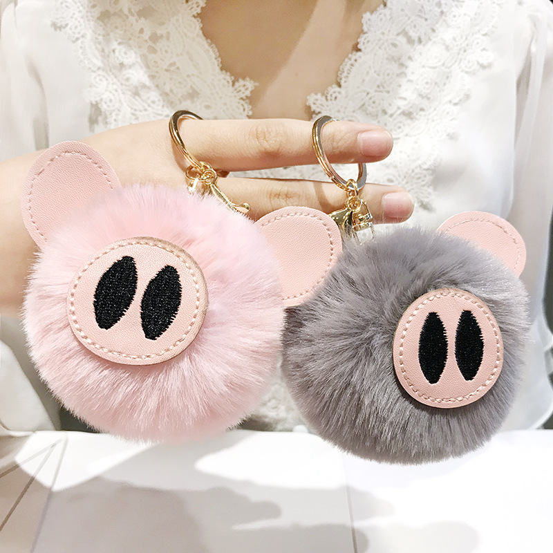 Creative DIY Cute Pig Imitation Rex Rabbit Fur Ball Keychain Pendant PU Leather Cartoon Pig Accessories Factory Direct Sales