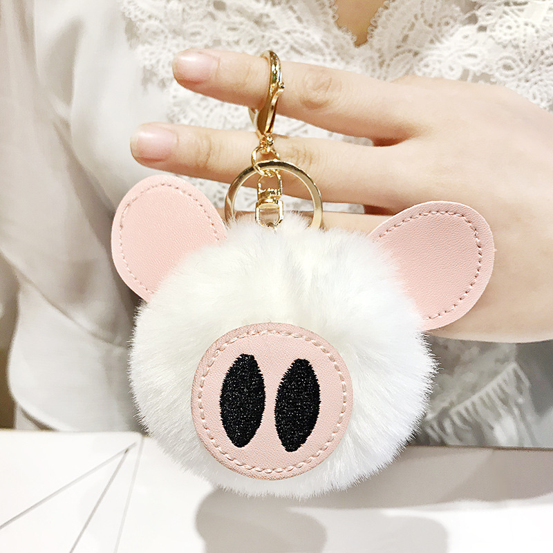 Creative DIY Cute Pig Imitation Rex Rabbit Fur Ball Keychain Pendant PU Leather Cartoon Pig Accessories Factory Direct Sales