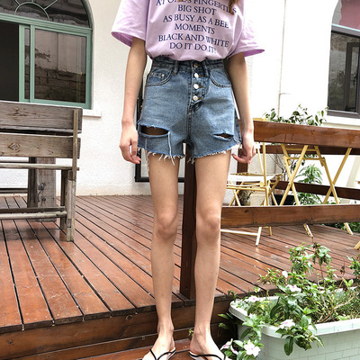 实拍2018韩版新款单排扣划破破洞牛仔短裤剪边热裤420325