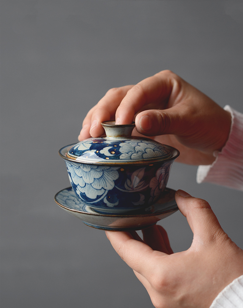 晴先生仿古青花手绘牡丹中式盖碗陶瓷茶具复古茶杯三才盖碗泡茶碗