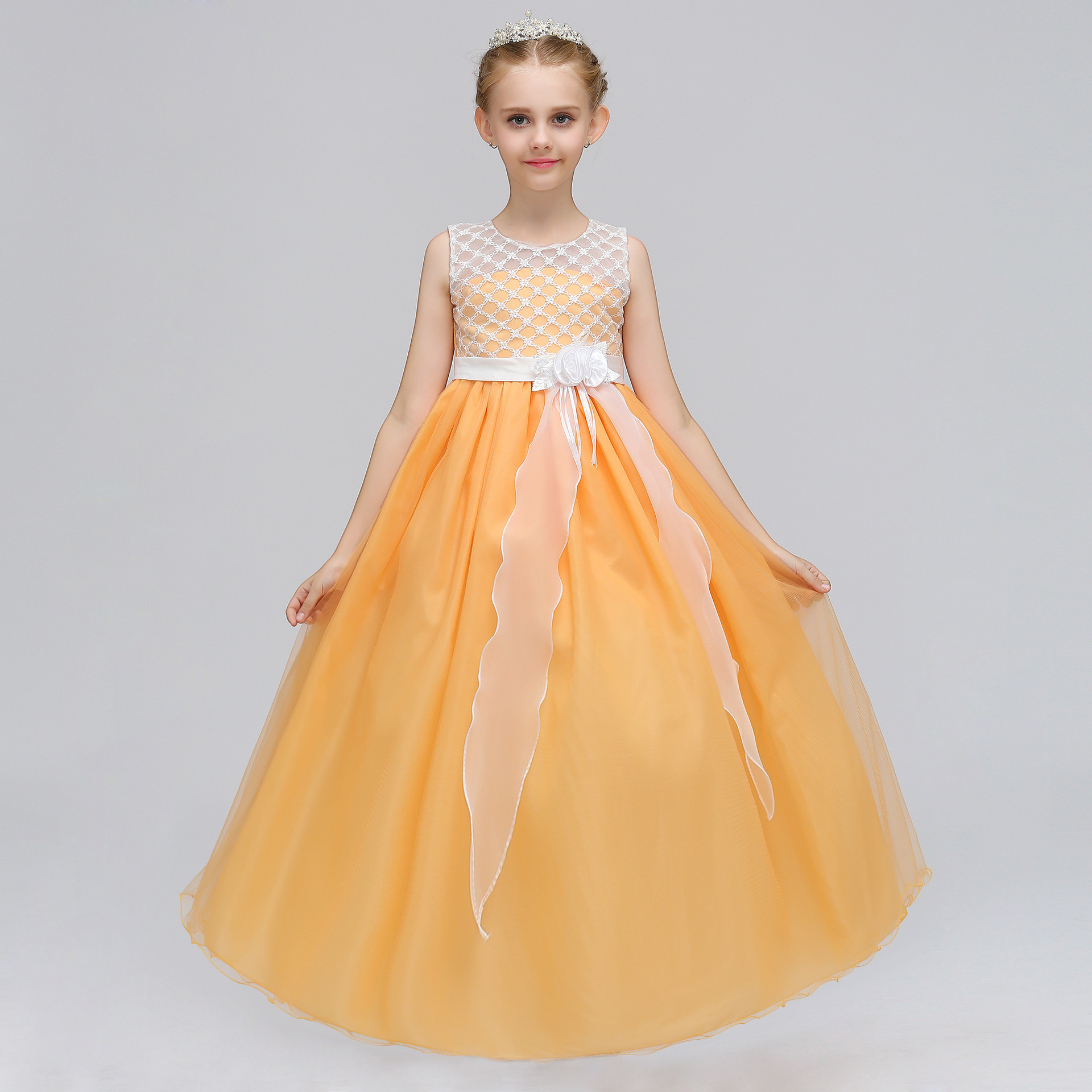 女童公主长裙儿童公主裙网格拼色抹胸花童礼服连衣裙中大童演出服