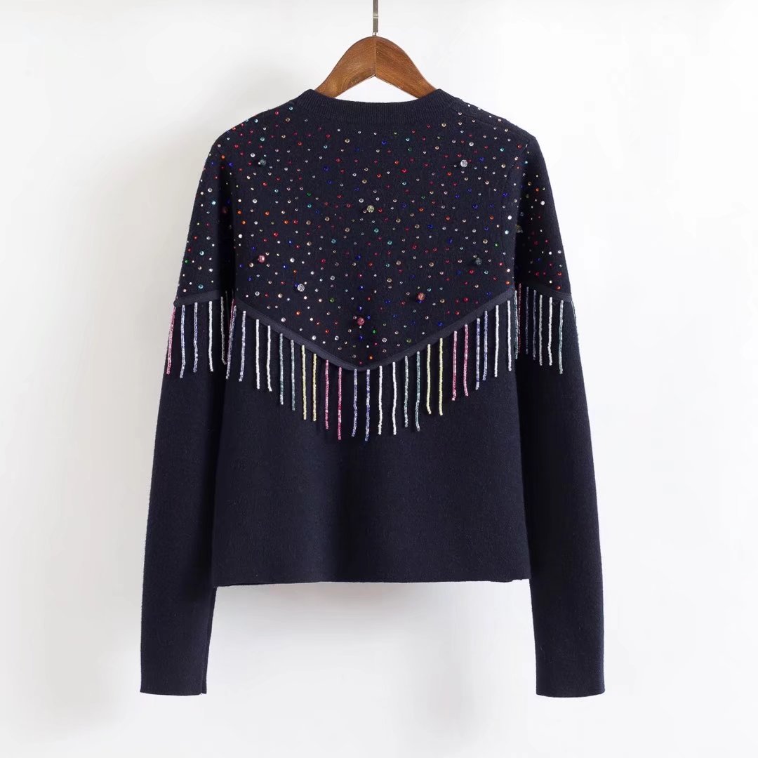 2018春季女装圆领镶钻串珠流苏毛衣   9165