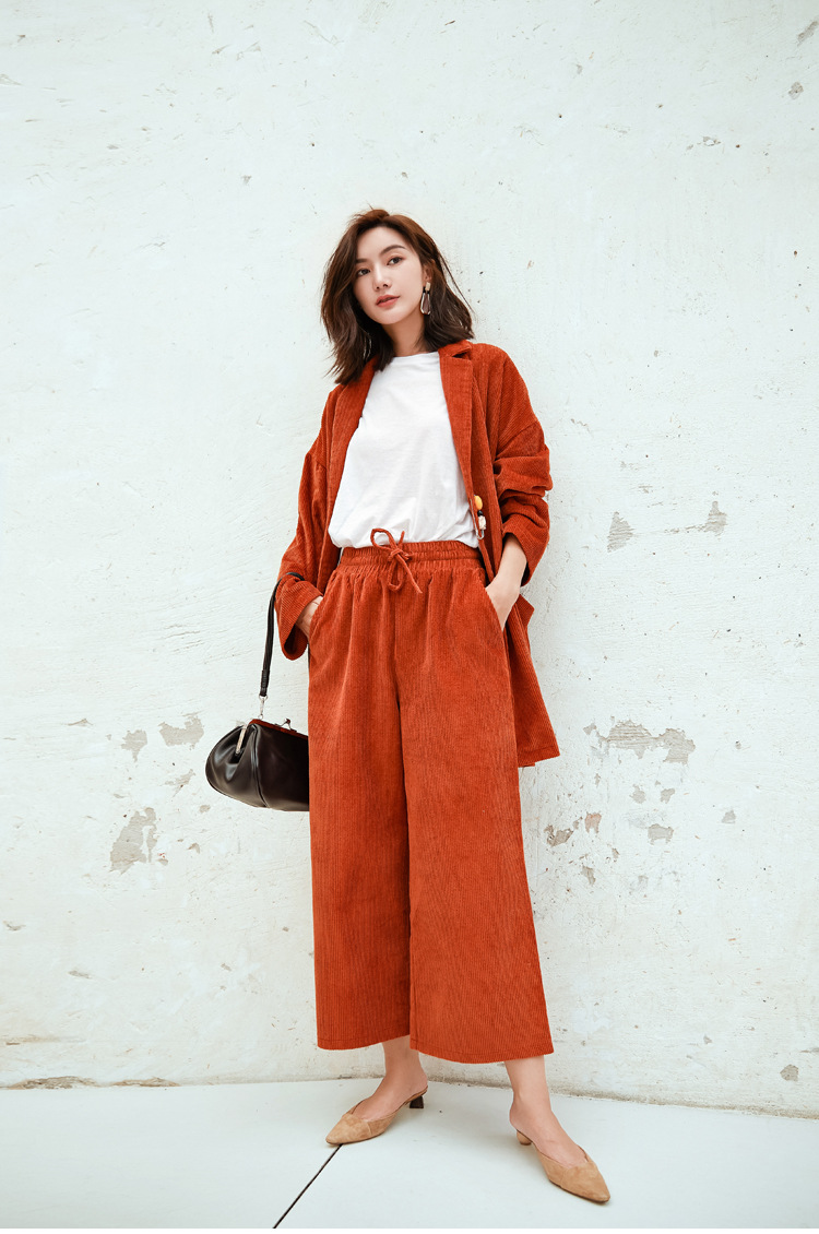 moff时尚休闲套装秋冬新款宽松双色灯芯绒阔腿裤 外套套装