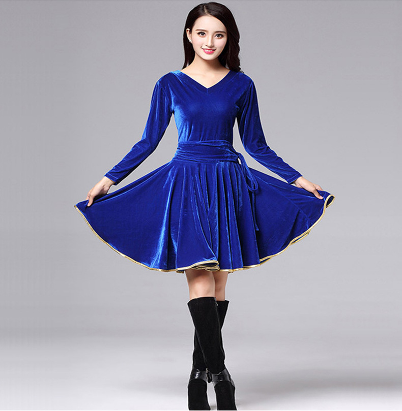 舞台表演服套装 秋冬金丝绒v领舞蹈服 广场舞服装拉丁舞连衣裙