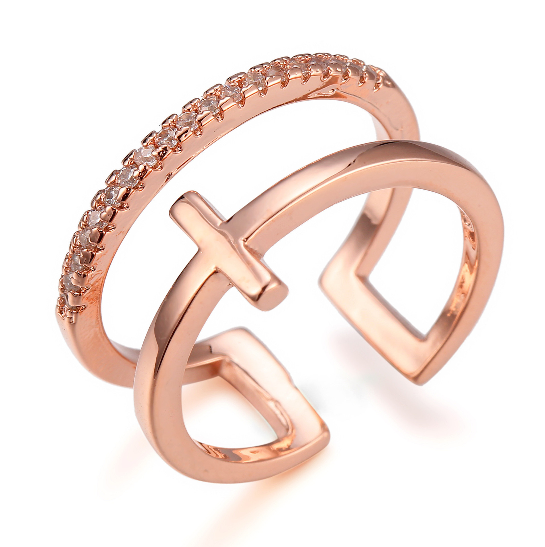 臻荣新款简约多层开口十字架开口戒指时尚女满钻指环饰品批发