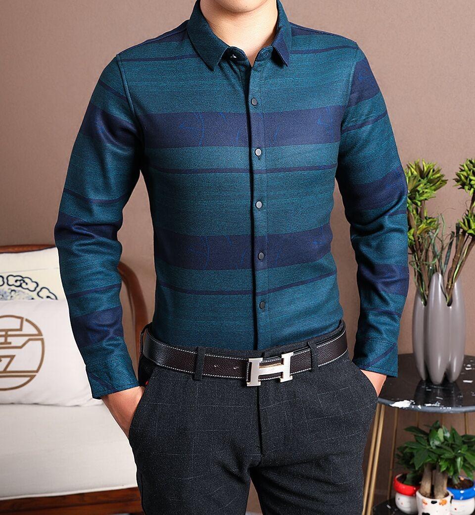 高端男装欧美2018男士秋冬保暖衬衫长袖加绒加厚衬衣商务休闲