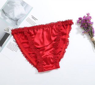 真丝内裤女性感中高腰女士三角内裤红色蕾丝边桑蚕丝内裤批发